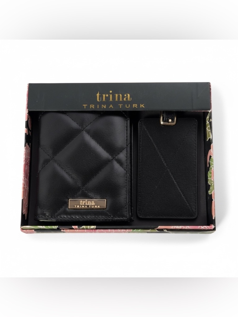 Trina Turk Black Quilted Passport Holder Luggage Tag Set - Picture 3 of 13